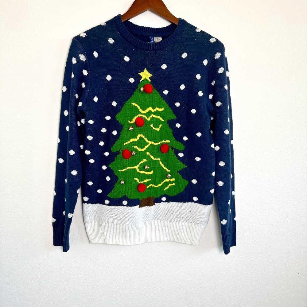 H&M Divided Ugly Christmas Sweater 3D Pom Pom Jingle Bells Xmas Tree Womens XS